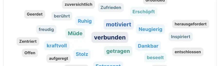 Wortwolke aus einer Morgenmeditation: verbunden, motiviert, geerdet, müde, dankbar, weit